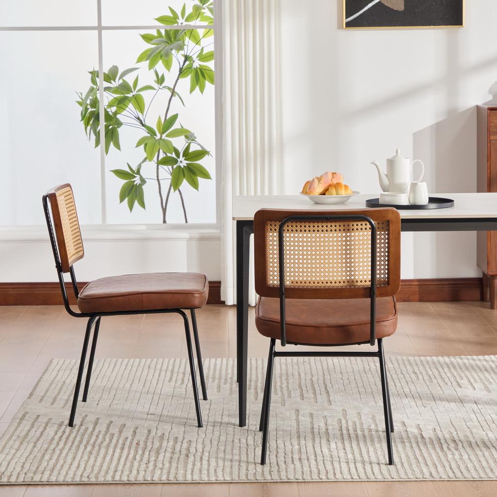 Modern Dining Chair, Set of 2, PU Leather Upholstery In Vintage Style, Without Armrests, Solid Wood Frame, Rattan Look, Adjustable Metal Feet-Brown