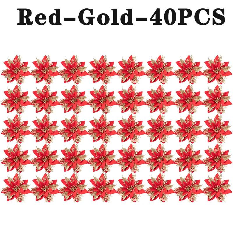 10PCS/Bag Christmas Flowers Glitter Artificial Poinsettia Floral Xmas Tree Ornaments DIY Garlands Home Wedding Party Decor