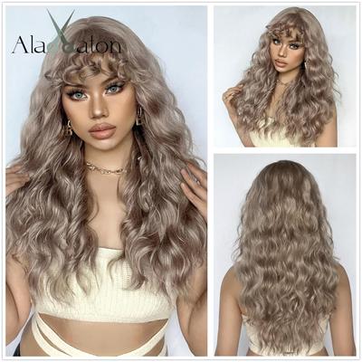 Brown Blonde Wavy Synthetic Wigs Long Ombre Fake Hair Wave Wig with Bangs Heat Resistant Daily Wig for Women Use