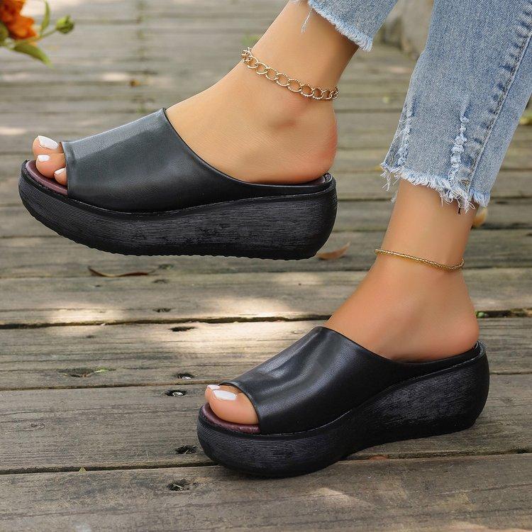 2025 Summer New Large Size Fish Mouth Wedge Slippers Rubber Platform Leather Casual Women's Shoes Size 44
