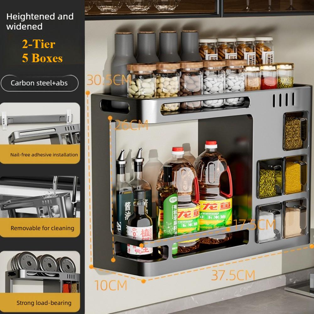 No-Drill Kitchen Multifunctional Seasoning Storage Organizer Wall Mounted Carbon Steel Hanging Rack Pull-Out Spice Jar Holder