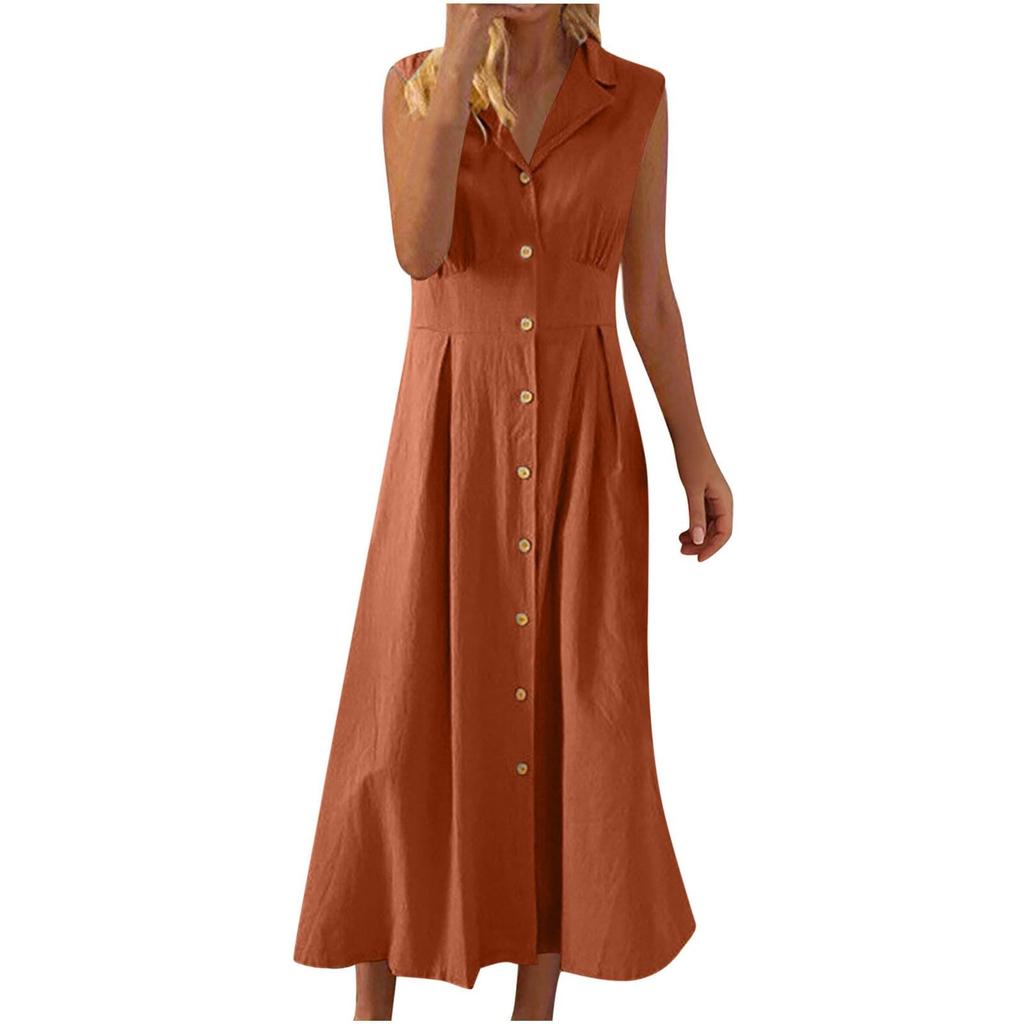 Lightweight Cotton Linen Dress For Women Summer Button Down Lapel Collar Casual Sleeveless Dresses