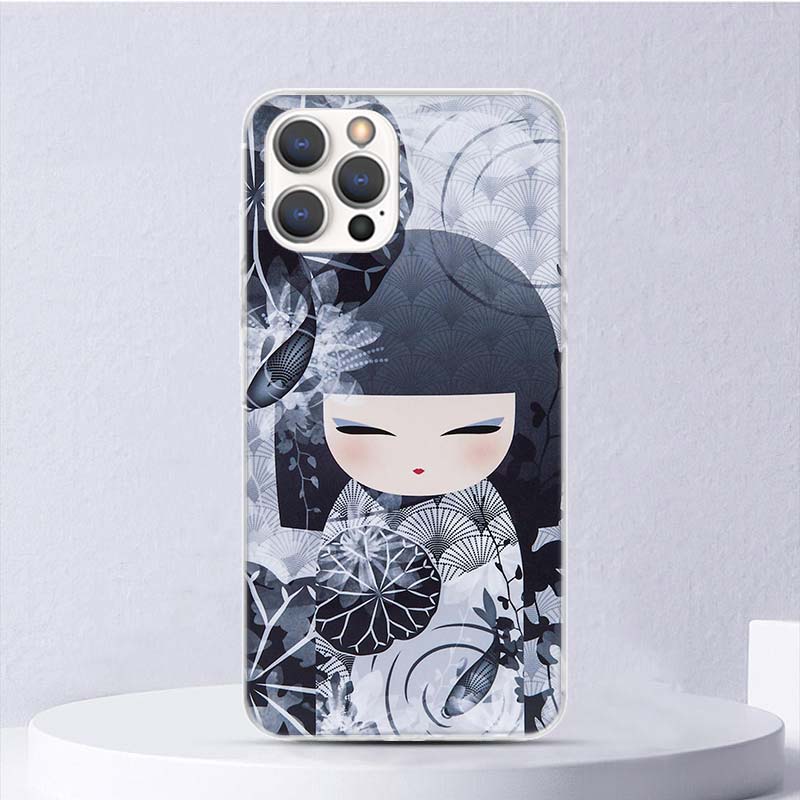 Kokeshi Doll Kimono Girl Soft Case For iPhone 16 17 Air 16E 15 Plus 11 12 13 Mini 14 Pro Max Phone Cover Apple 7 8 SE Coque Fund