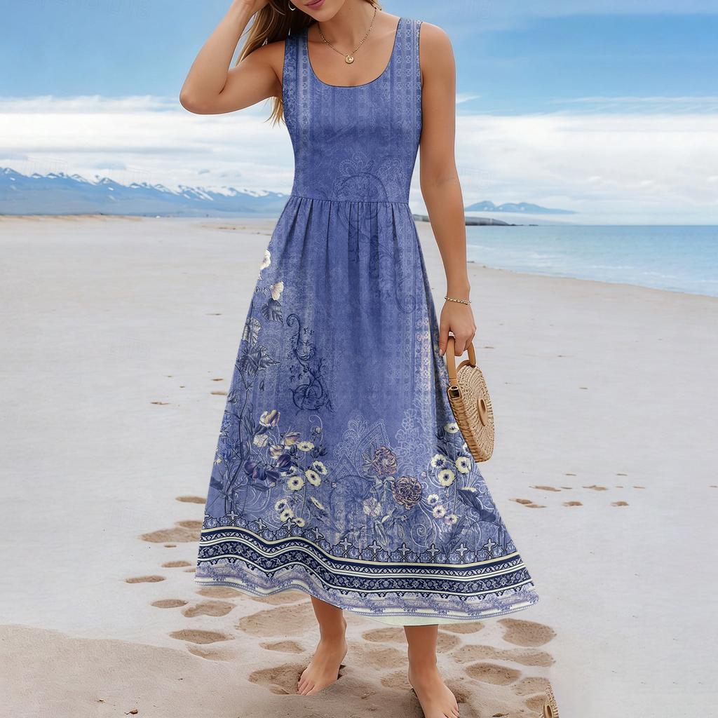 Ladies' floral summer casual and fashionable sleeveless long dress