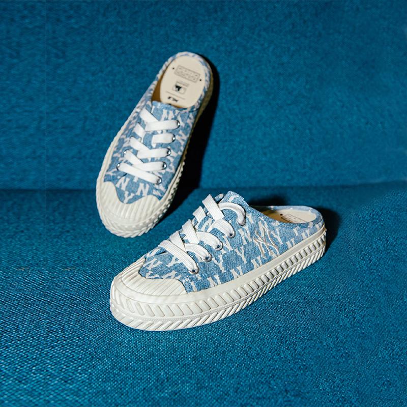 MLB Playball Mule Mono Denim Lace-Up Slip-Resistant Durable Low-Top Canvas Shoes Unisex sneaker Blue 32SHSD111-50U