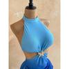 Summer Sexy High Neck Halter Mini Dress Starfish Decor Cut Out Waist Ruched Draped Tie Bodycon Vacation Beach Party Short Dress for Date Night Wear