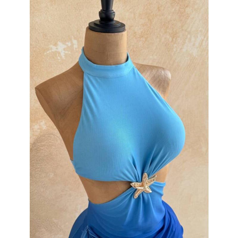 Summer Sexy High Neck Halter Mini Dress Starfish Decor Cut Out Waist Ruched Draped Tie Bodycon Vacation Beach Party Short Dress for Date Night Wear