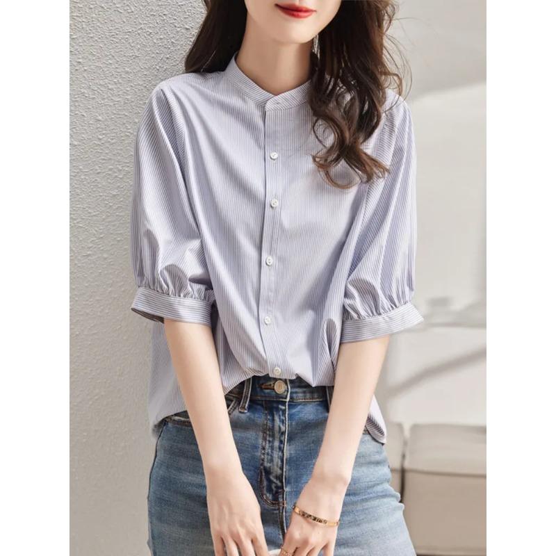 

Womens Striped Stand Collar Puff Sleeve Blouse S фіолетовий