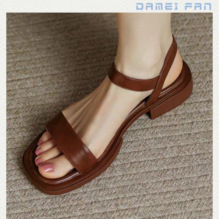 Soft Leather Square Heel Sandals Women's Summer 2025 New French One-word Belt Retro Soft Sole with Skirt Roman Sandals