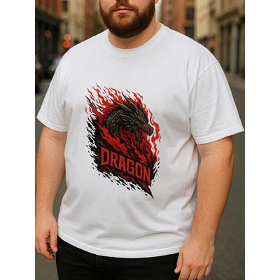European Sizes Men'S Print Short-Sleeved T-Shirt Regular Fit, Sweat-Absorbing and Quick-Drying, Flame-Surrounded Majestic Dragon Design