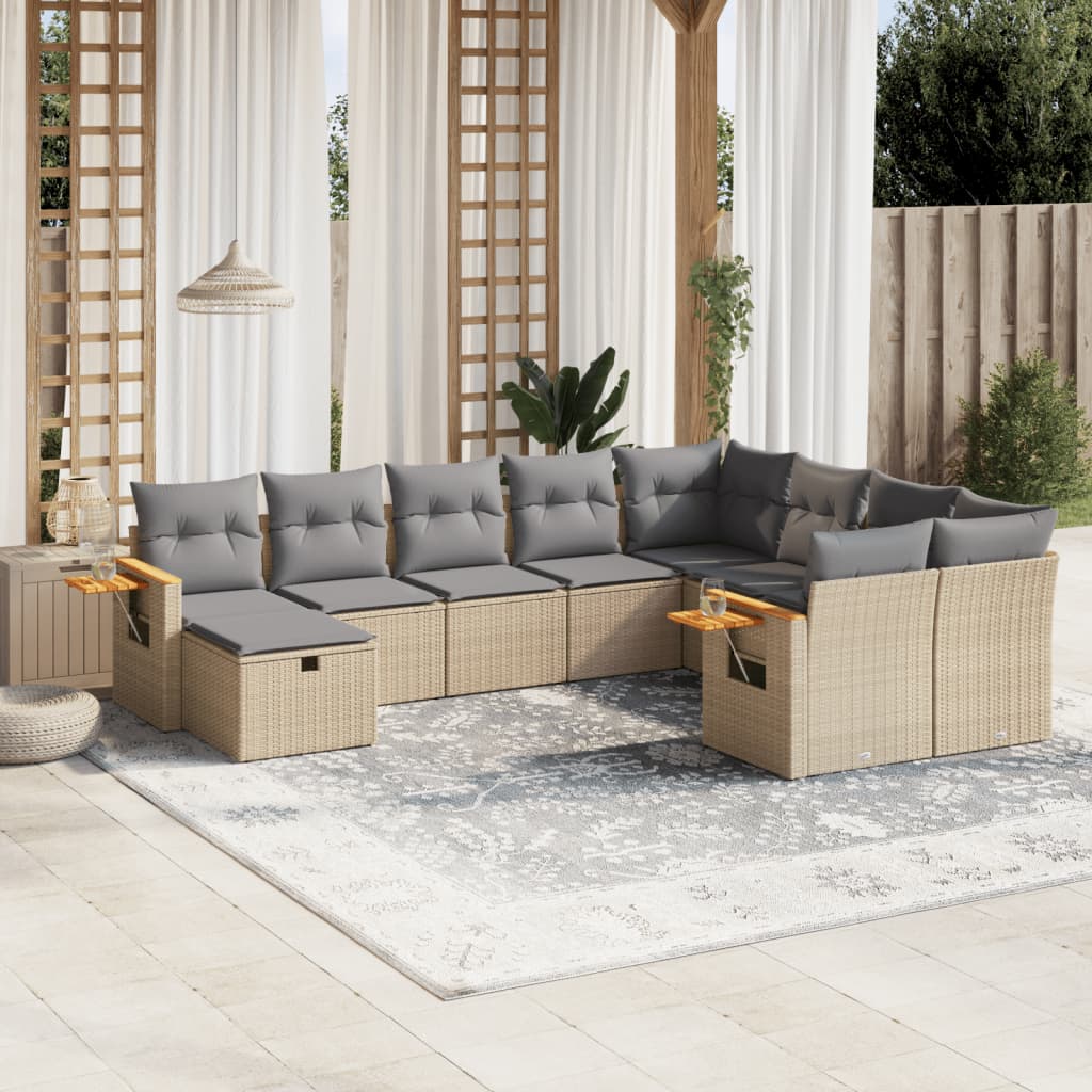 Vidaxl 10-Cz. Garden Furniture Set With Cushions, Beige, Poly Rattan