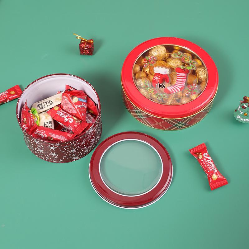 Christmas Transparent Round Tin Box for Cookies, Candy, and Chocolate Gifts
