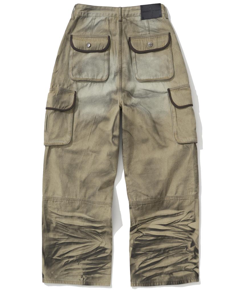 NOT4NERD Dirty Washed Parachute Cargo Denim Pants - Beige