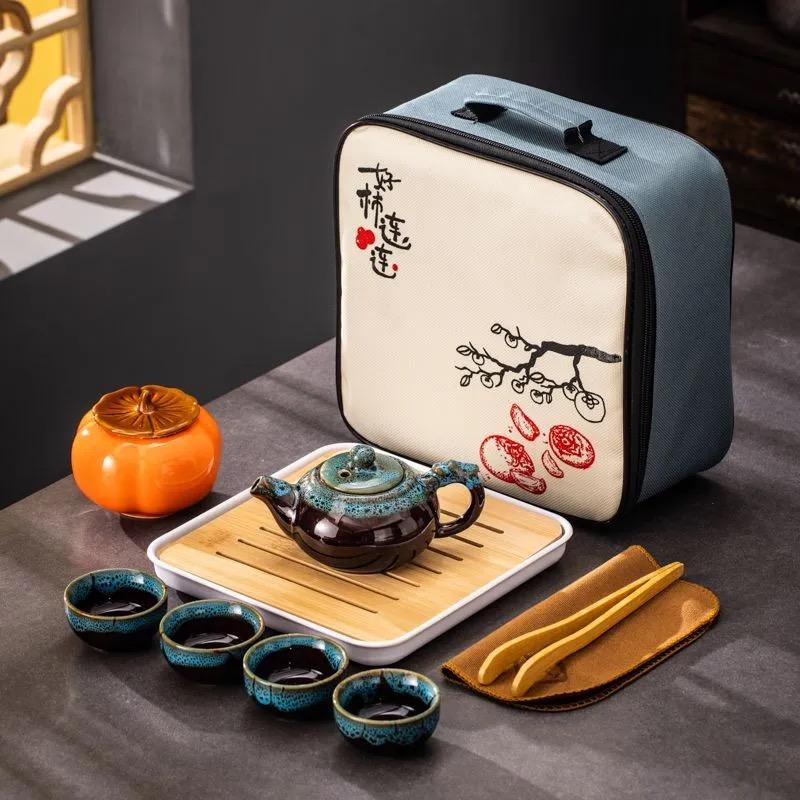 Portable Chinese Kung Fu Tea Set with Carrying Bag – Ceramic Travel Teapot Set with 4 Cups, Gaiwan & Tea Accessories