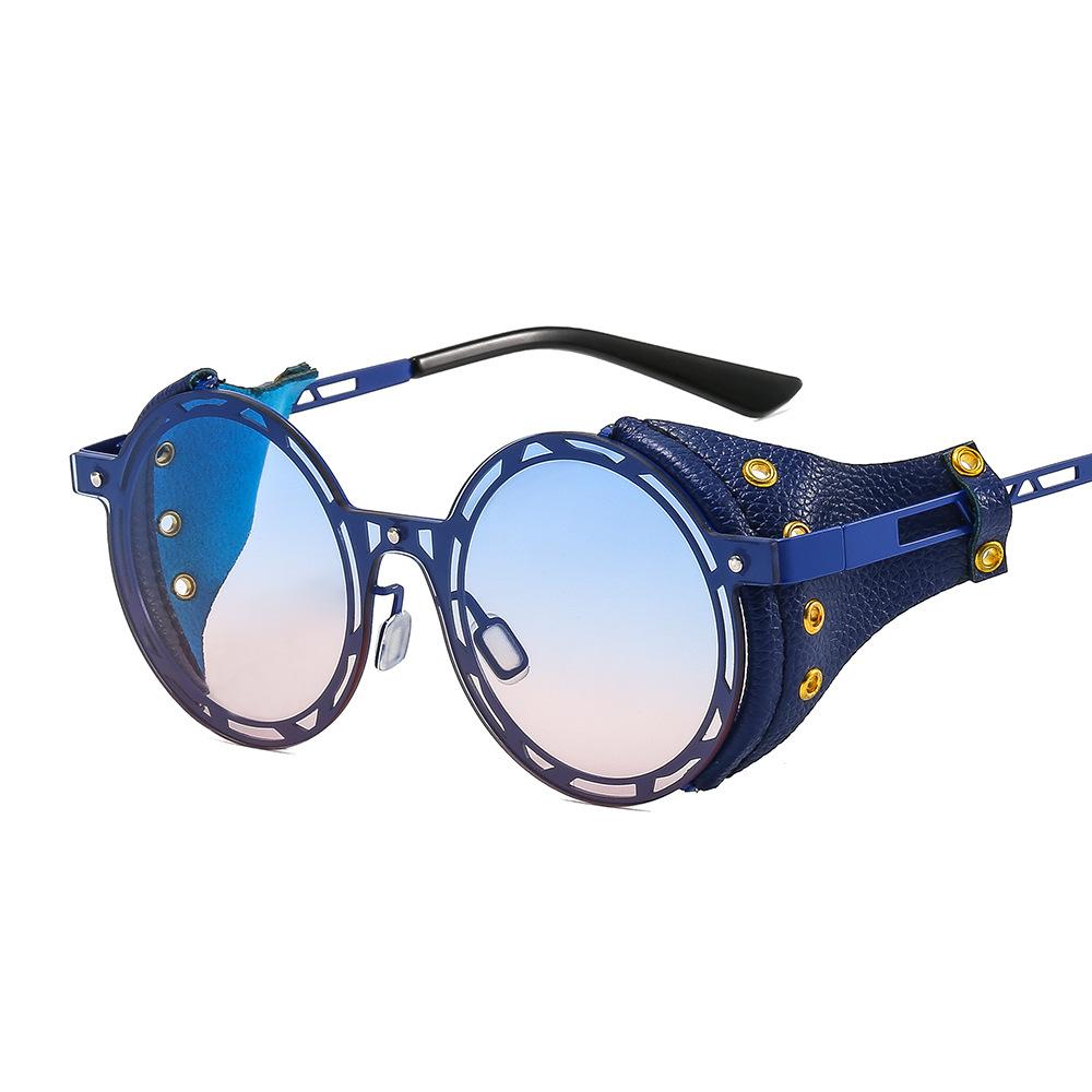 

Oversized Men Punk Sunglasses For Women Metal Shades Round Steampunk Leather Eyeglasses Vintage Designer Uv400 as picture
