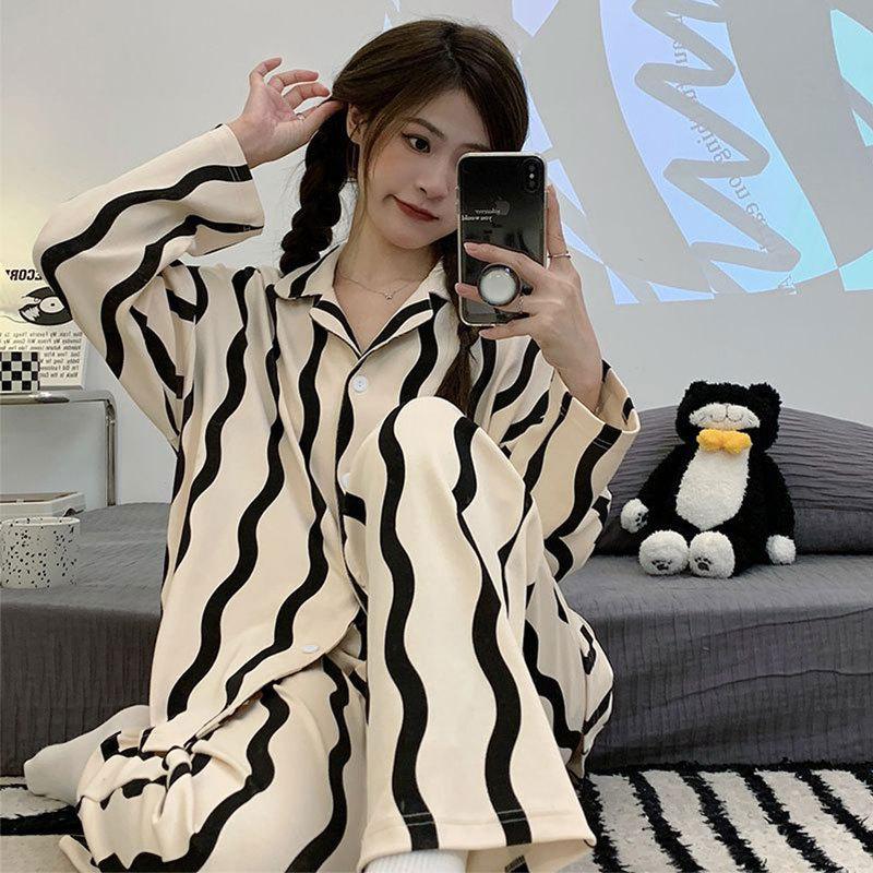 Spring And Autumn Pajamas Women'S Cardigan Long-Sleeved Trousers Korean Girls' Simple Cartoon Loungewear Suit Can Be Worn Outside