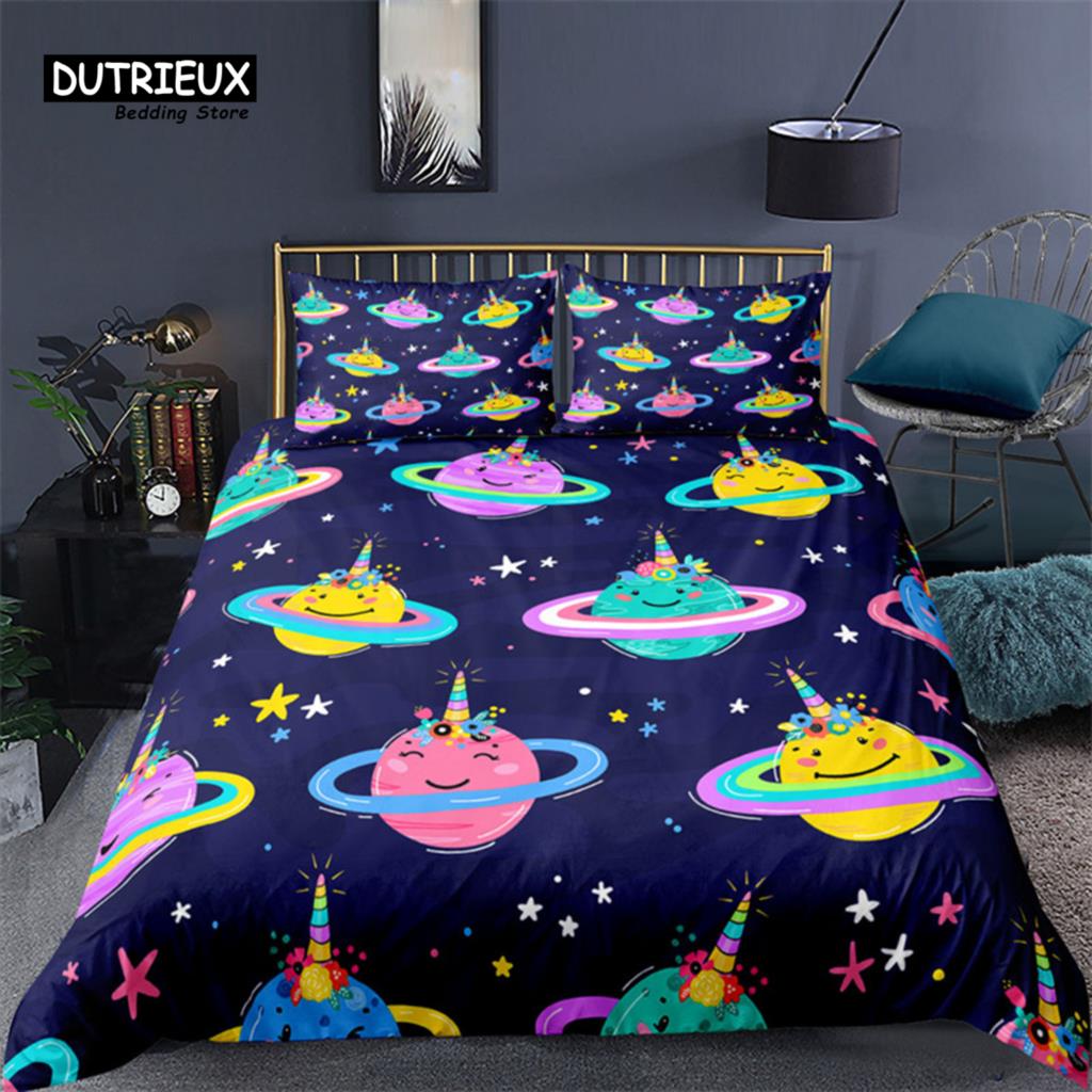 Cartoon Starry Sky Bedding Set Microfiber Romantic Universe 3D Print Duvet Cover For Kids Teen Boy Girl Festival Gift Room Decor