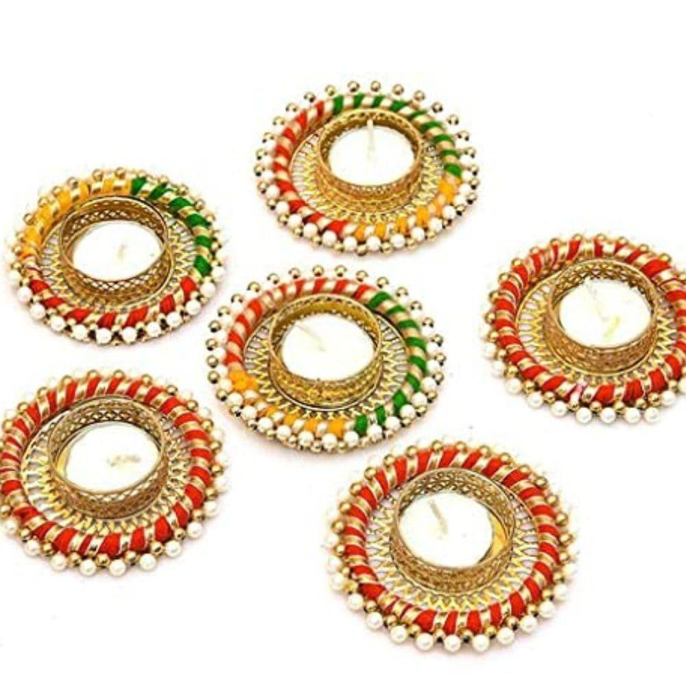 

(5 дюймов) Представляем уникальный дизайн металлический подсвечник для чайной свечи дия ранголи для украшения дома и офиса, подарки на Дивали, набор чайных свечей 6 шт.