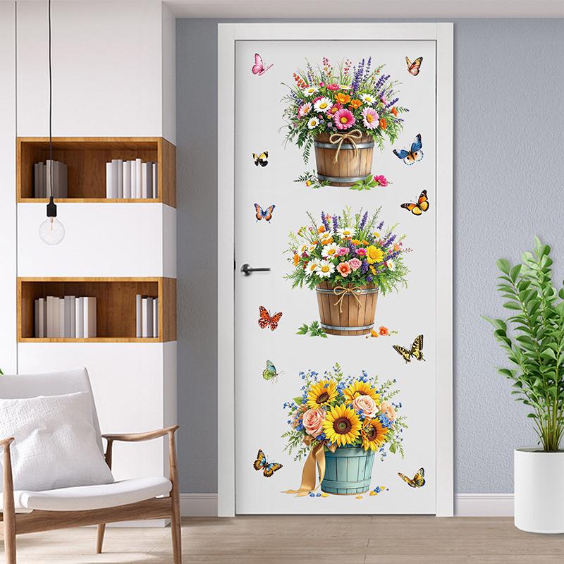 3D Wooden Barrel Wall Sticker Flower Decoration Butterfly Lavender Rose Tile Sticker Kitchen Restaurant Background Home Decor Peel and Stick