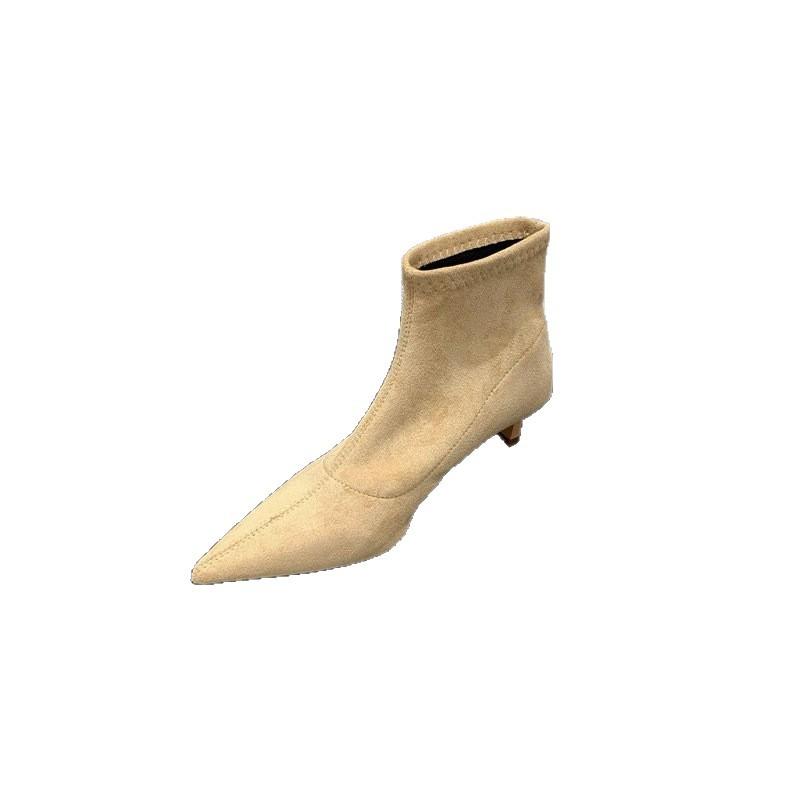French pointed short boots women's 2025 summer and autumn new stiletto suede thin bare boots Internet celebrity elastic socks Martin boots