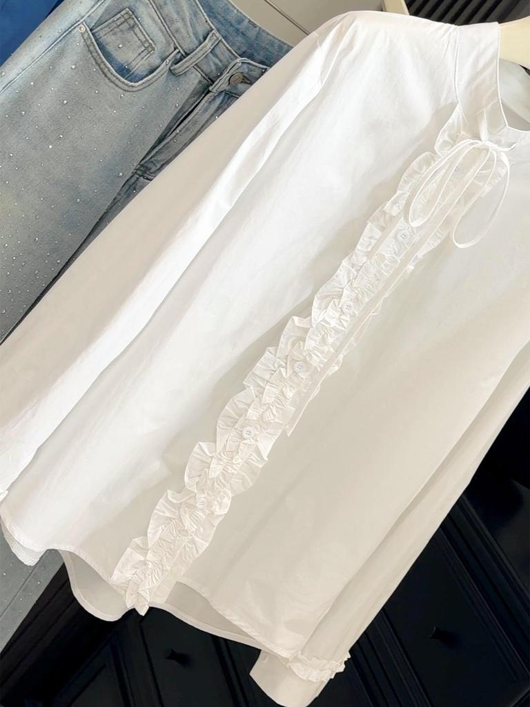Women's Korean-Style Ruffled Tie-Up Stand Collar Loose Shirt - Spring 2026 Fashion 
