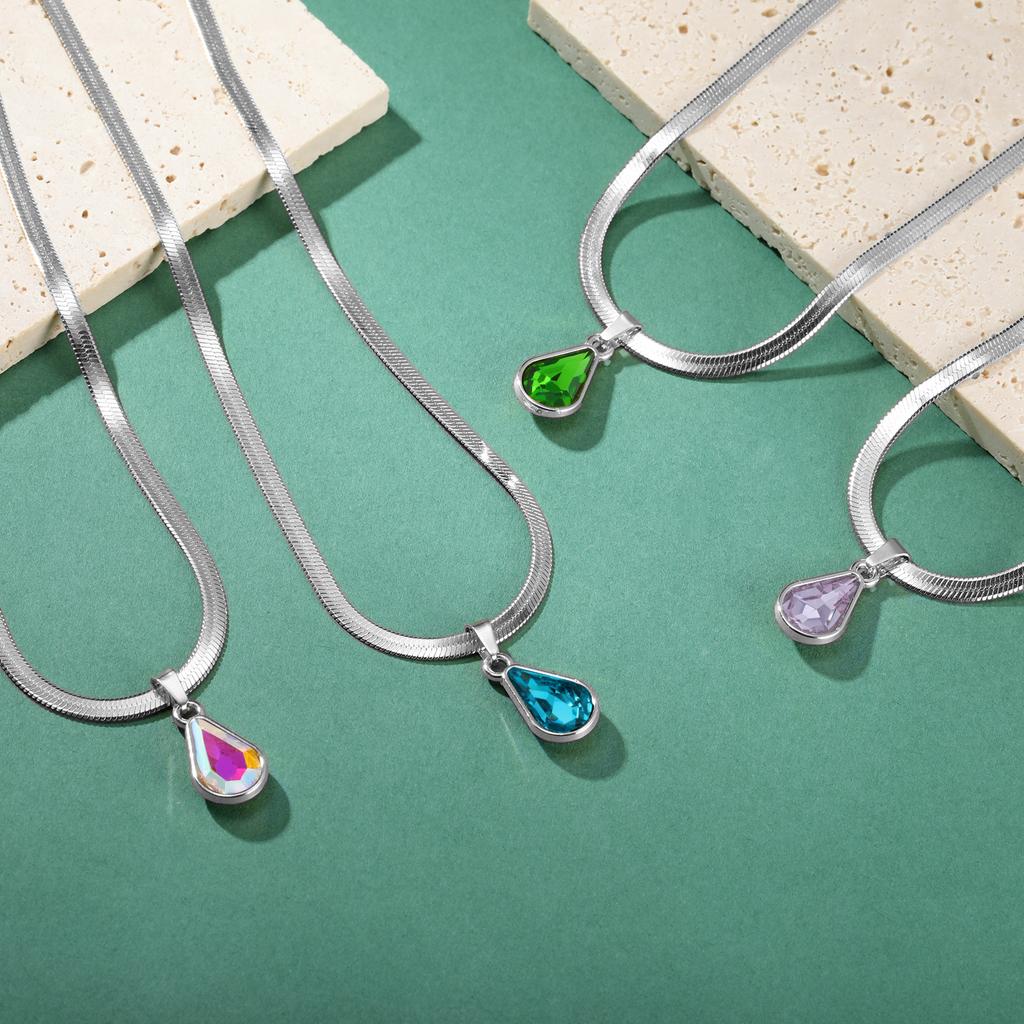 Colored Crystal Teardrop Pendant Women Necklace Snake Chain Fashion Choker Jewelry Gift