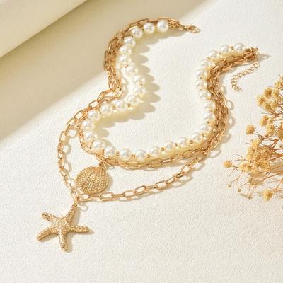 Imitation Pearl Starfish Pendant Vacation Wind Seaside Necklace Vintage Shell Nklce Jewelry