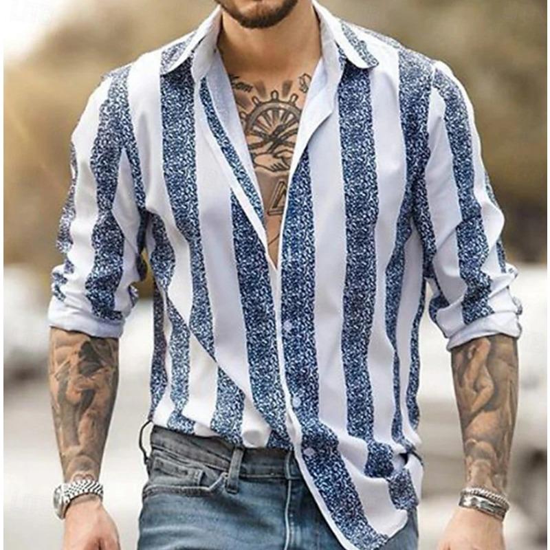 Men S Long Sleeve Striped 3d Print Casual Stretch Shirt