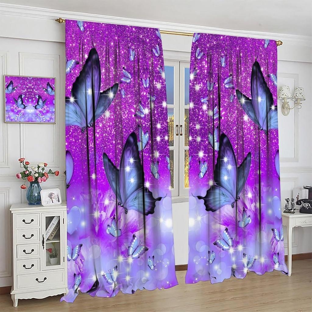 Dream Butterfly Curtain Purple Theme Window Curtain Spring Purple Half Curtain, Girls Room Personality Decorated Beautiful Purple Butterfly Curtain,