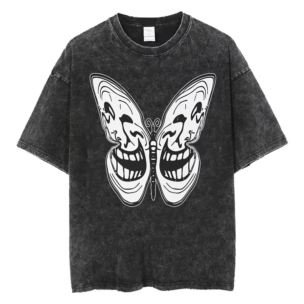 Butterfly Troll Face Y2K Cursed Funny Meme T Shirts Men Women Harajuku Style High Street T-shirt Cotton Oversized Washed T-shirt S разноцветный
