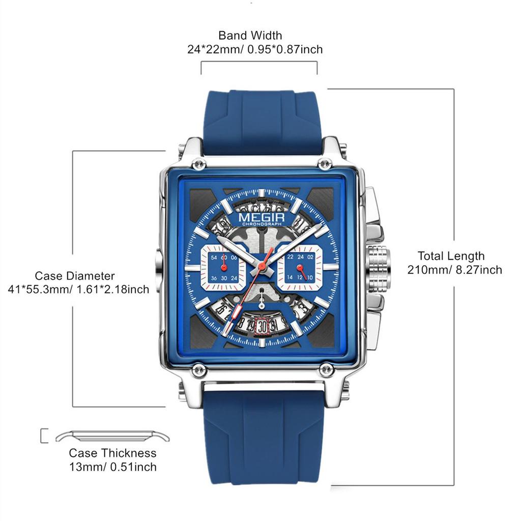 MEGIR Men's Square Chronograph Watch 3ATM Waterproof Quartz Sport Wristwatch for Men with Date & Stopwatch Relogio Masculino