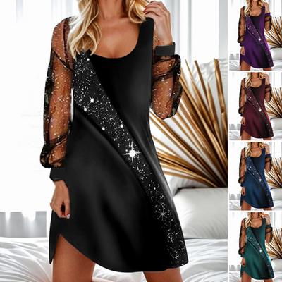2024 Women Dress See-through Mesh Patchwork U Neck Loose Shiny Sequin Long Sleeve Soft Irregular Hem Pullover Mini Dress