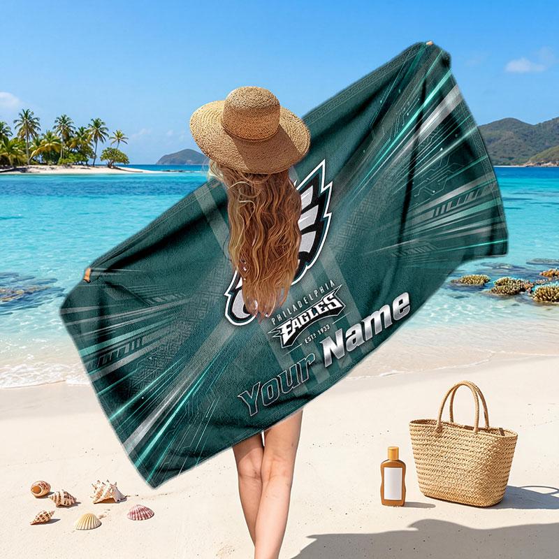 Philadelphia Eagles Customized Name Text Beach Towel, Soft Absorbent Towel Beach Pool Travel Personal Gift