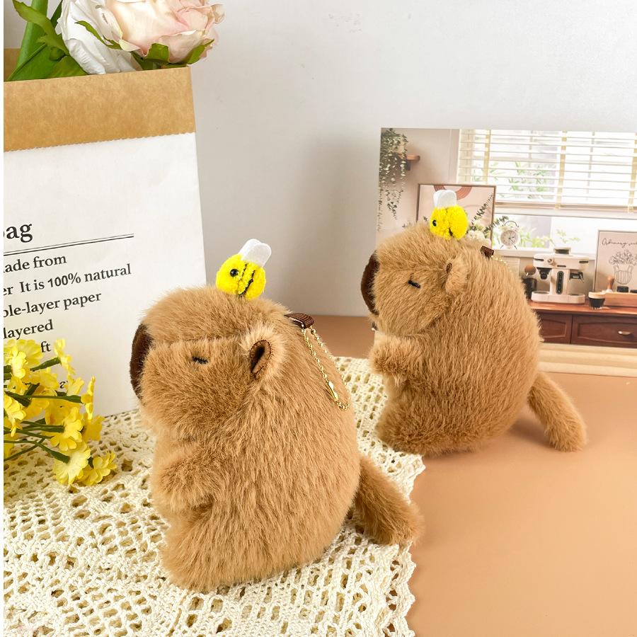 Creative Cute Wagging Tail Bee Kapibala Plush Doll Pull Rope Capybar Toy Bag Pendant Doll
