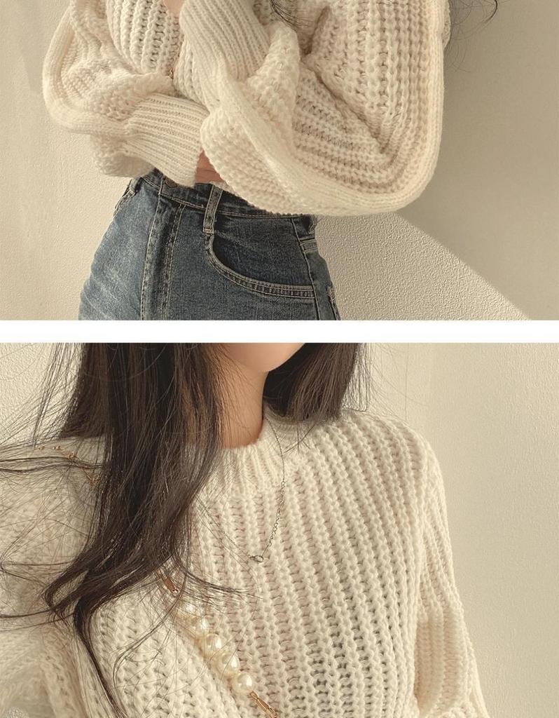 Korean Style Round Neck Petite Knit Sweater for Women - Waist-Cinching, Versatile Pullover