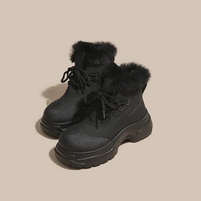 

2024 Новые зимние женские ботинки, высококачественные теплые зимние ботинки, удобные ботильоны на шнуровке, водонепроницаемая женская обувь для походов 35 чёрный