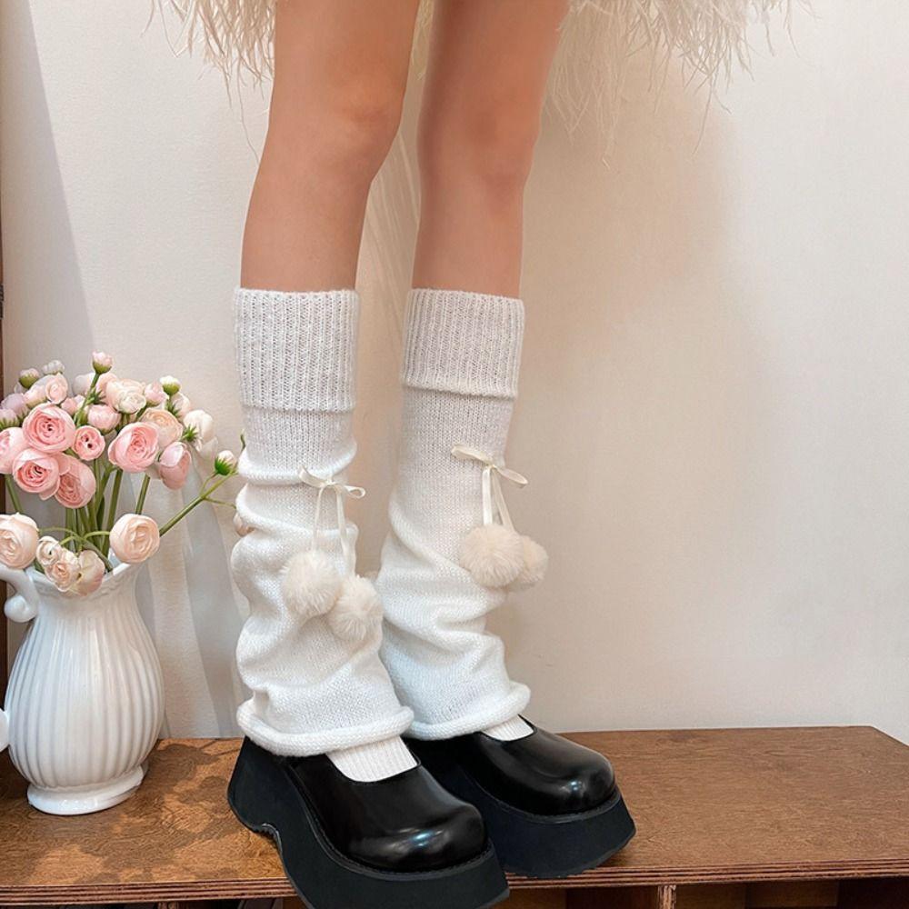 Plush Balls Leg Warmers Women Bowknot Lolita Leg Warmer Trendy Knitted Leg Covers  Girls