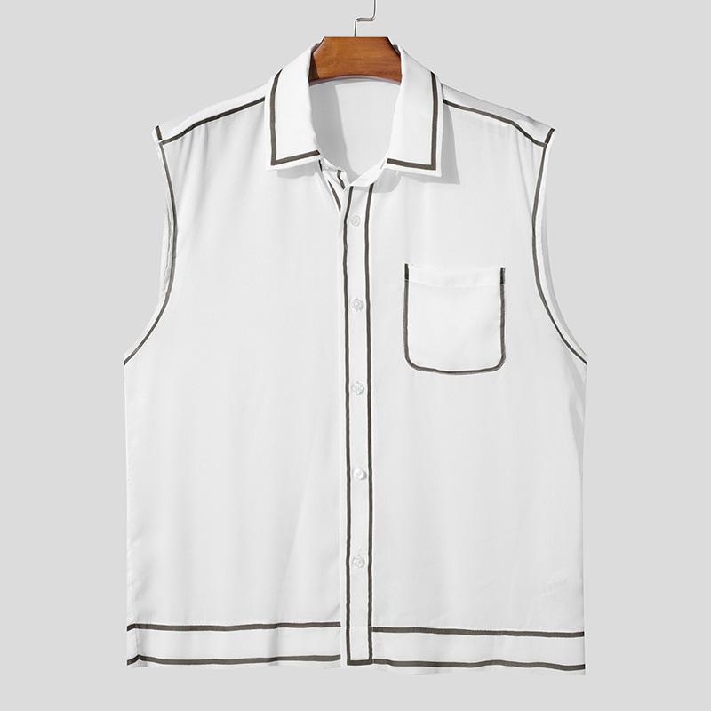 INCERUN Men Lapel Neck Sleeveless Buttons Up Stitching Semi-Sheer Casual Tank Tops