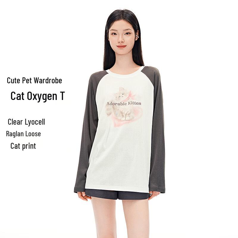 Ledin Women s Cat Print Lyocell Blend Raglan Long Sleeve T-Shirt S/155