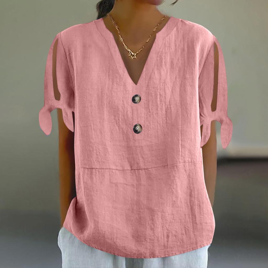 Women's Cotton Linen Shirt Short-sleeved Hollow V-neck Top Casual Knot T-shirt Loose Solided Color T-shirt Top