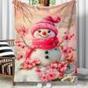 Pink Snowman Cherry Blossom Winter Scene Flannel Blanket Soft Cozy Throw for Holiday Season Home Decor Gift Idea