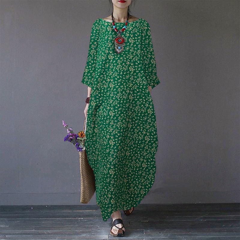 

ZANZEA Женское повседневное хлопковое платье с цветочным принтом, круглым вырезом и рукавами 3/4 5XL зелёный