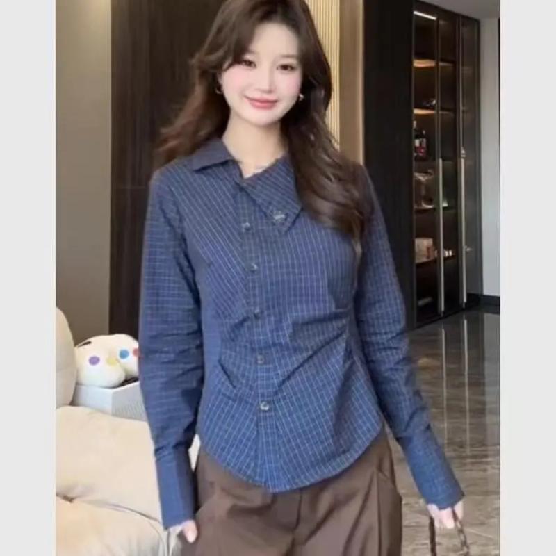 

Осенняя женская новая рубашка с отложным воротником на пуговицах, модная, однотонная, повседневная, с защипами на талии, в клетку, с длинными рукавами, топ S синий