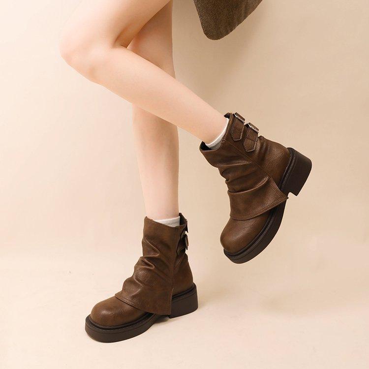 Herbst Martin Stiefel Britische Neue Gefaltete Ritterstiefel Dicksohlige Hosenstiefel Stapelstiefel Lunfeng Kurze Stiefel