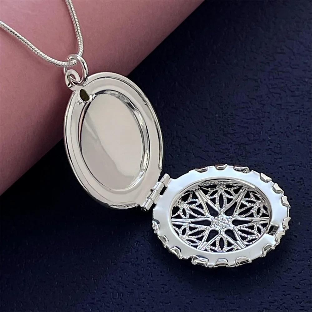 925 Silver Necklace Hollow Round Photo Frame Pendant, Suitable For Women's Daily Wear