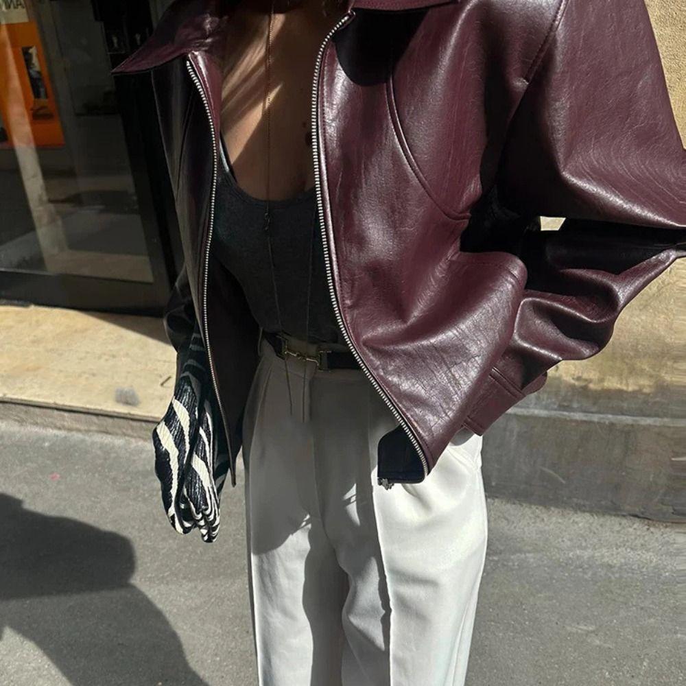 Long Sleeve Leather Jacket Women Lapel Collar Zipper Crop Overcoat Windbreaker Jackets Streetwear