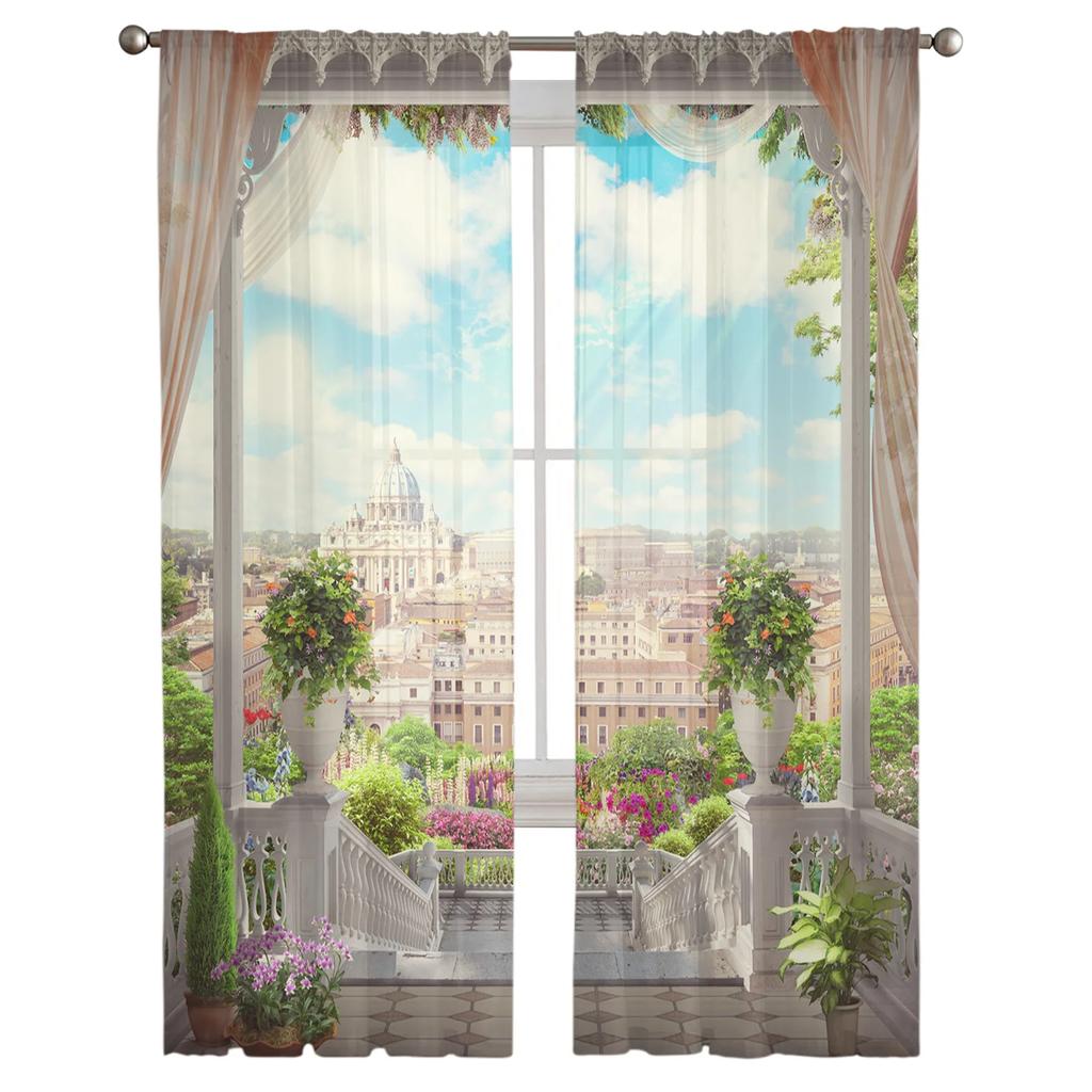 European Style Building Balcony Scenery Tulle Window Curtains Living Room Organza Sheer Voile Curtain Bedroom Kitchen Home Decor