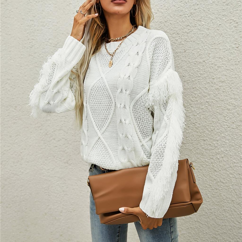 Women's Sweater Casual Round Neck Knit Solid Color Long-sleeved Tassel Pullover