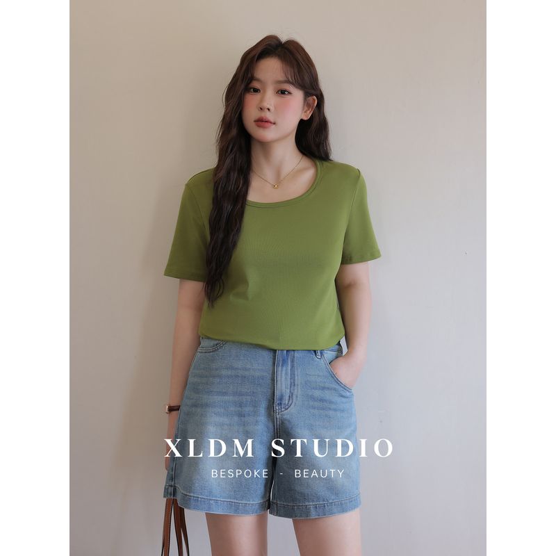 Thin Upgraded U-Neck 4-Color Shoulder Plus Size Ladies Short Sleeve