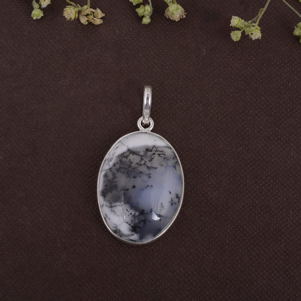 Oval Cabochon Dendrite Agate Pendant Solid 925 Sterling Silver Gemstone Pendant Without Chain Jewelry For Women or Girls - 5.72 Gms